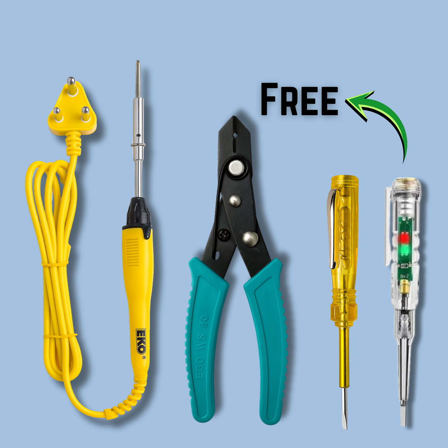 SOLDRING IRON + WIRE CUTTER + NEON TESTER + ACDC TESTER