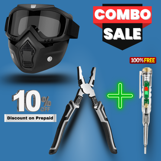 Goggles Face Mask + Multifunctional Plier + FREE ACDC Tester | Electrician Safety & Tool Combo